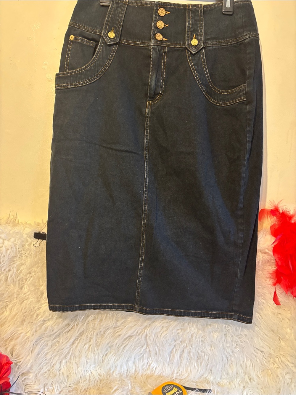 Miss Tina Dark Blue Denim Midi Skirt with Gold Buttons